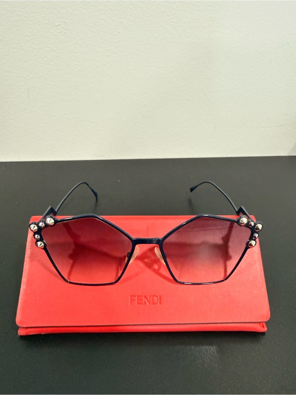 Fendi Navy Metal Sunglasses with Red Gradient Lenses and Stud Accents